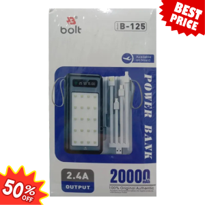 Bolt B-125 Power Bank โ 20000mAh, Inbuilt Cables, Large LED Torch, Fast Charging